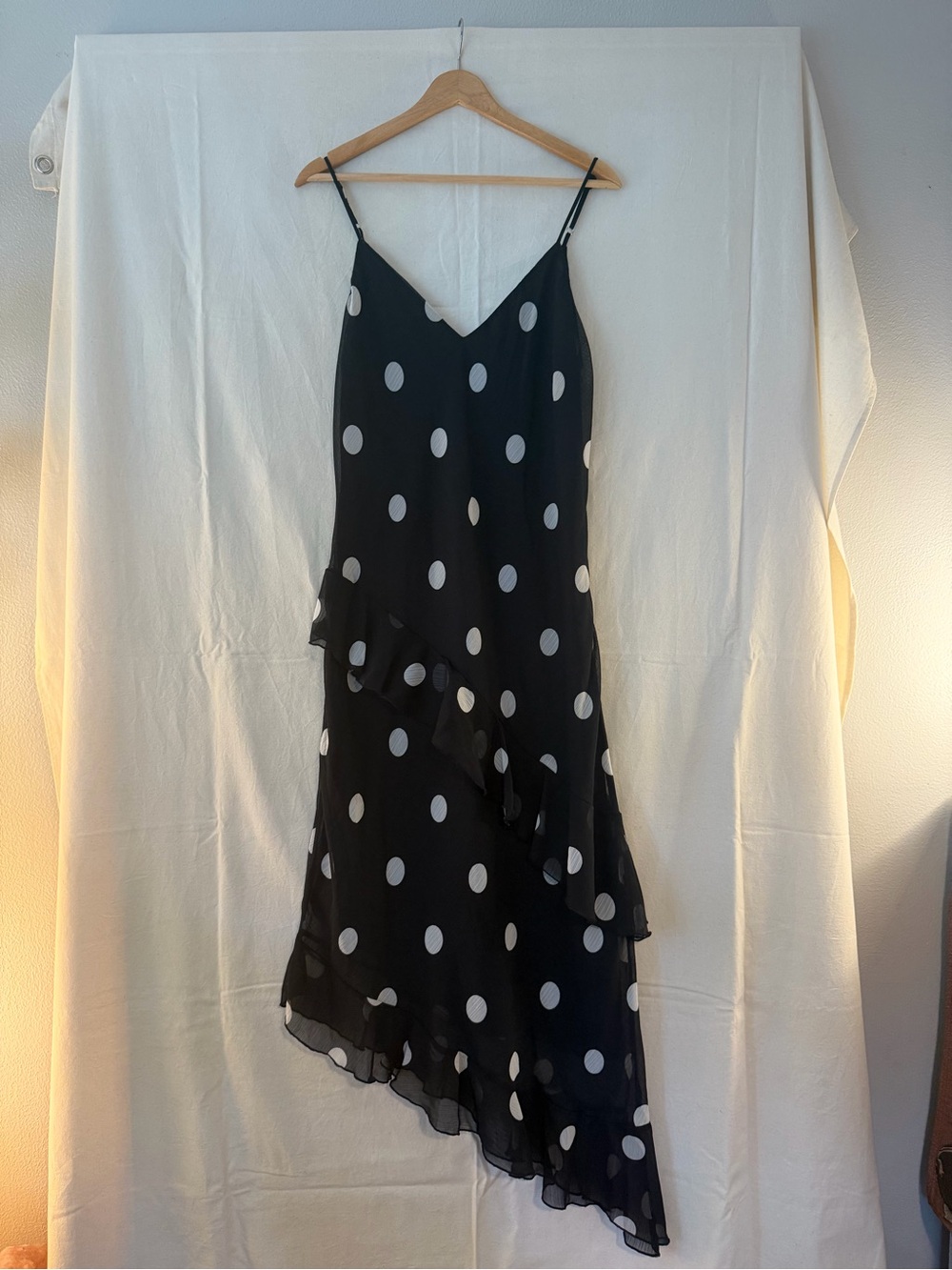Gianni Bini Black and White Polka Dot Asymmetrical Chiffon Slip Dress